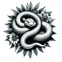 Two headed snake one snake beheaded in the sun with flora tattoo design idea