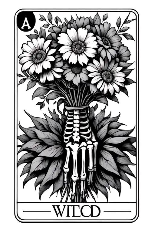 tarot card death skeleton hand and bouquet of flowers tattoo design idea