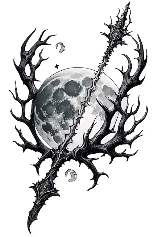 elder wand with moony, wormtail, padfoot, prongs footprints moving around.  tattoo design idea