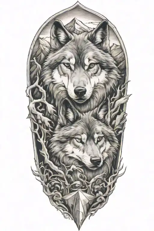 wolf and mountains tattoo design idea