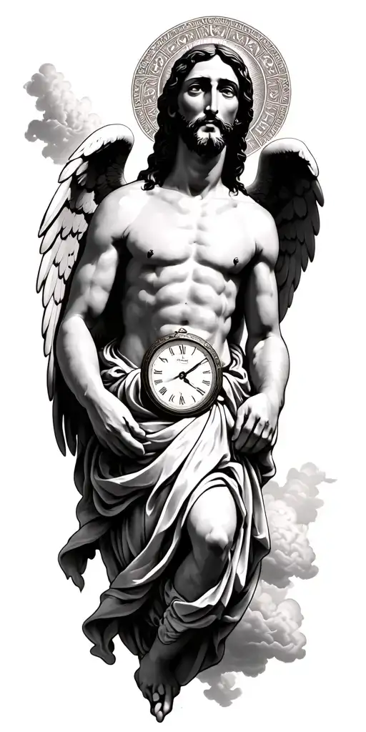 Jesus heaven clouds baby angel ove clock tattoo design idea