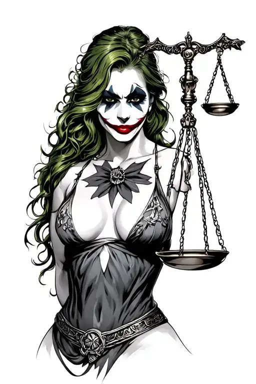 black and grey lady justice joker tattoo design idea