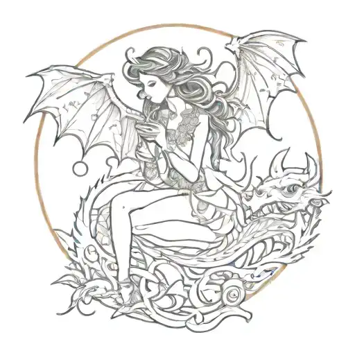 fairy and dragon under the moon phase tattoo design idea