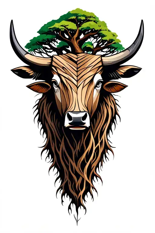wood ox head with tree roots and a willow tree tattoo design idea