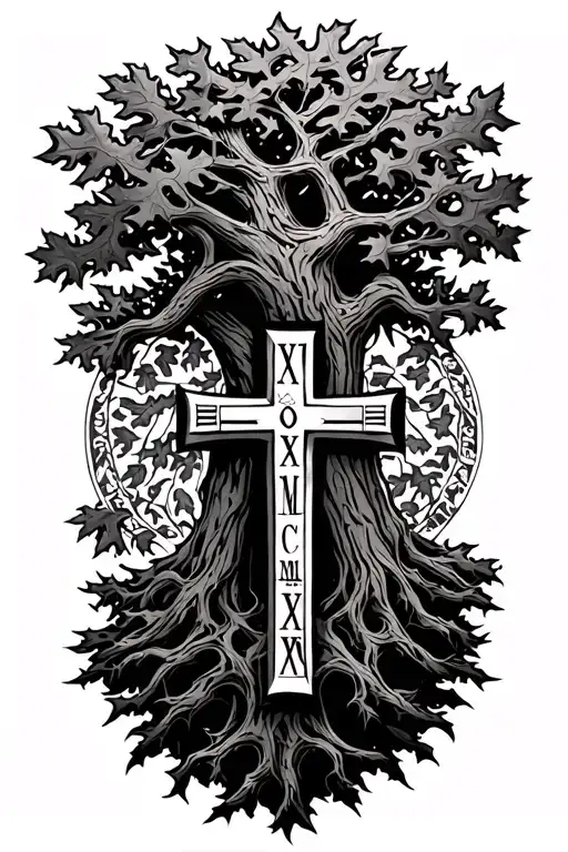 Oak tree with roman numerals MCMXCVIII witha orthodox cross tattoo design idea