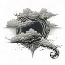 Create a dramatic scene from Psalm 18:4-19. Show a turbulent stormy sky filled with dark, swirling clouds. In the foregr tattoo design idea