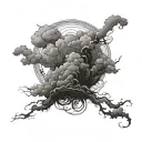 Create a dramatic scene from Psalm 18:4-19. Show a turbulent stormy sky filled with dark, swirling clouds. In the foregr tattoo design idea