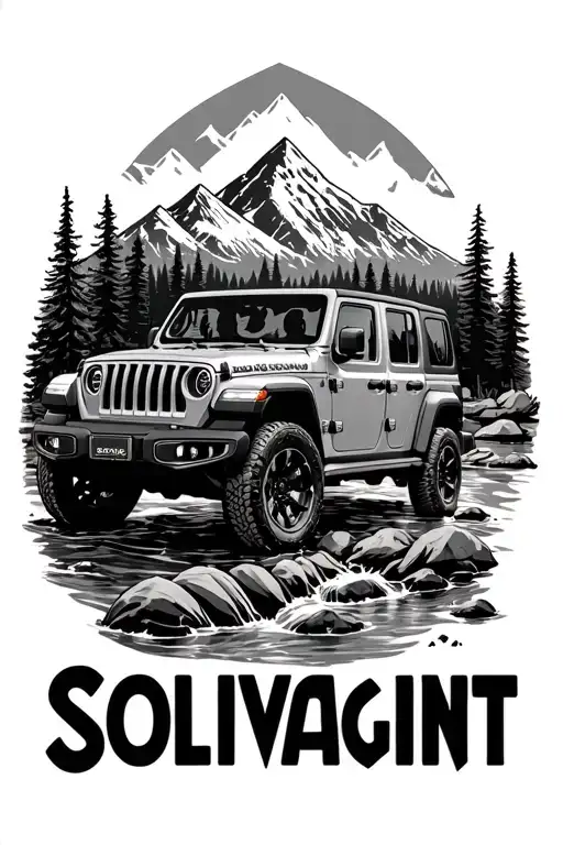 "Solivagant" "Solivagant" "Solivagant" "Solivagant" topless jeep wrangler in wilderness creek and mountains joined together tattoo design idea