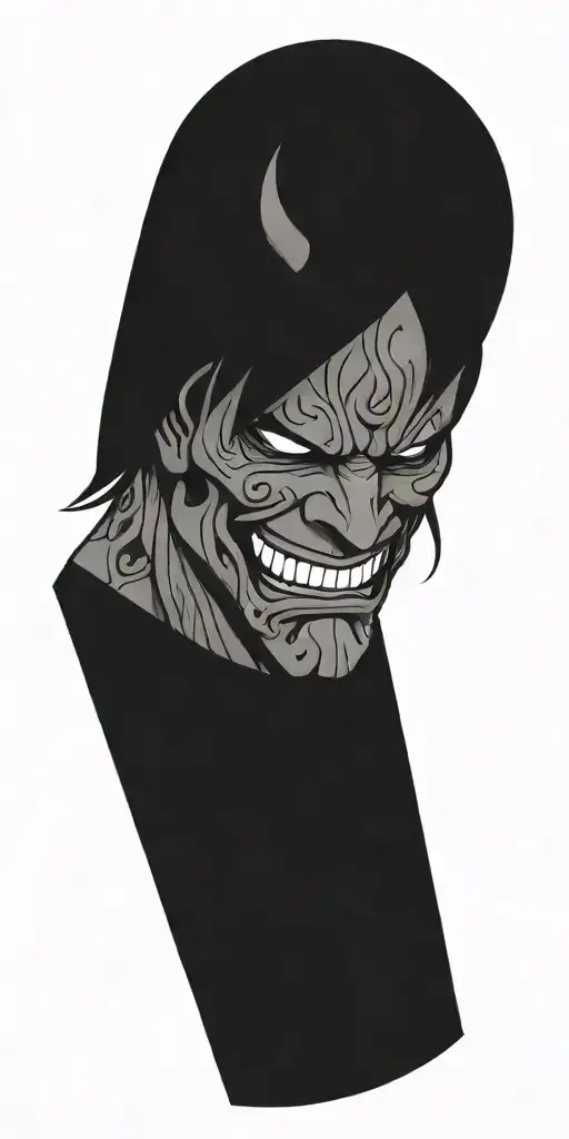 male anime character  oni mask fighting off inner demons with minimal black tattoo design idea