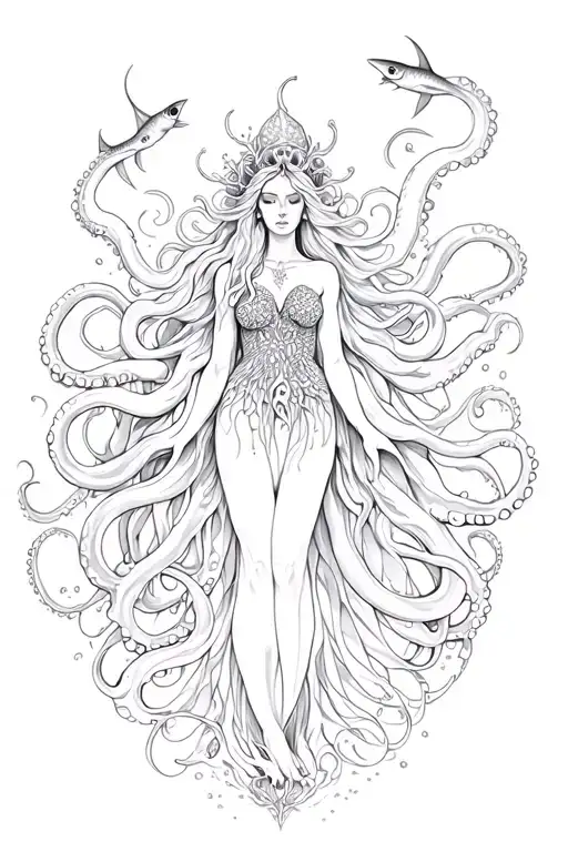Ocean goddess with octopus and fish  tattoo design idea