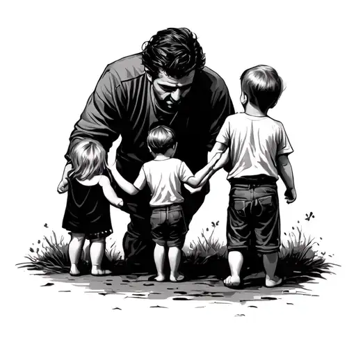 father separated from his 3 kids hand reaching tattoo design idea