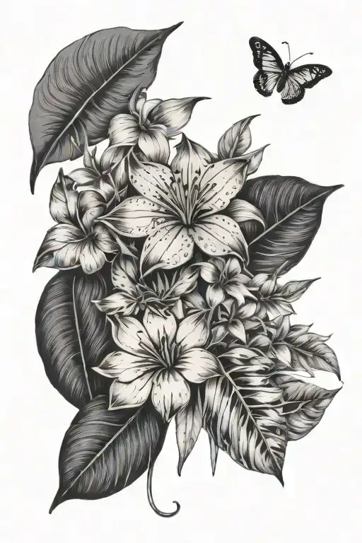 safari jungle leaves and flowers tattoo design idea
