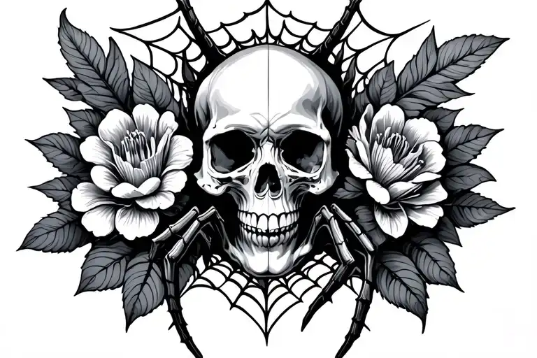 spider web & flowers & skulls surrounded tattoo design idea