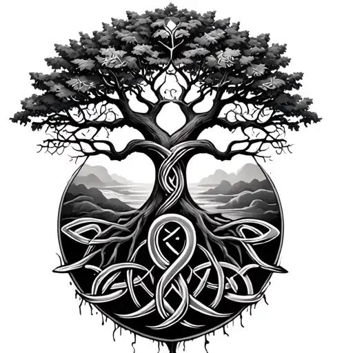 Celtic tree of life with Trinity knot intertwined in roots tattoo design idea