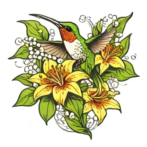 hummingbird and lily of the valley flowers tattoo design idea