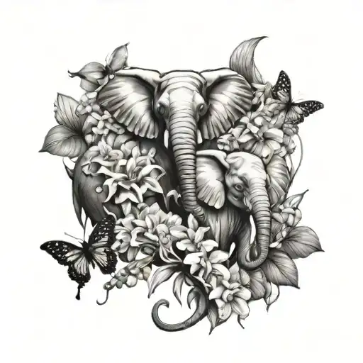 elephants, orchids, and butterflies tattoo design idea
