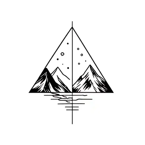 minimalist geometric tattoo, fine line, black ink. featuring mountain, glacier, volcano, waterfall. within a triangle or tattoo design idea