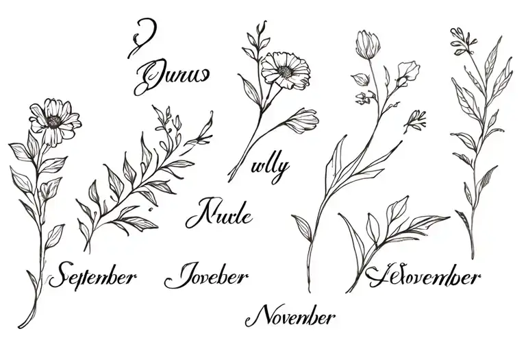 July, November, September and November birth flower wrap around forearm  tattoo design idea