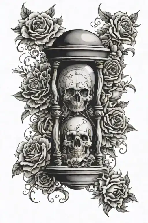 hourglass with skull and clock face surrounded by flowers tattoo design idea