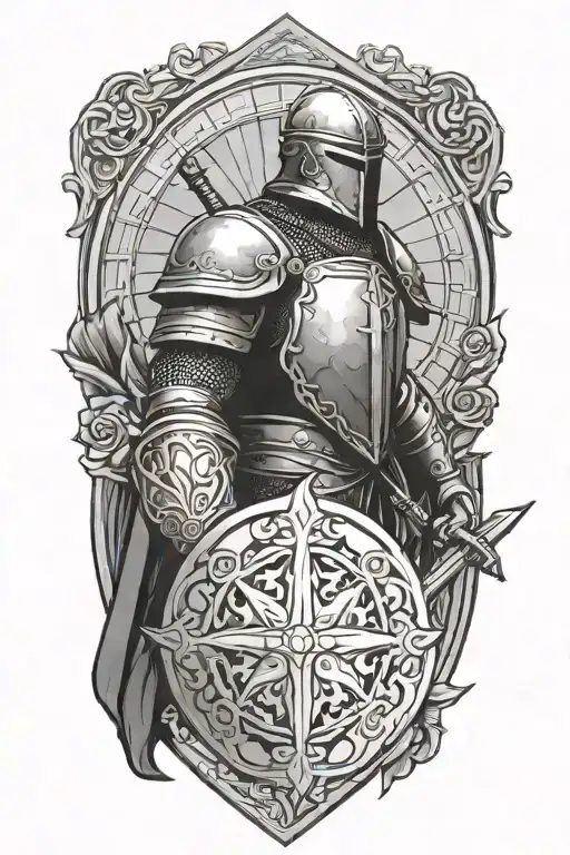strength courage faith , god warrior with helmet sword shield rose window on armor  tattoo design idea