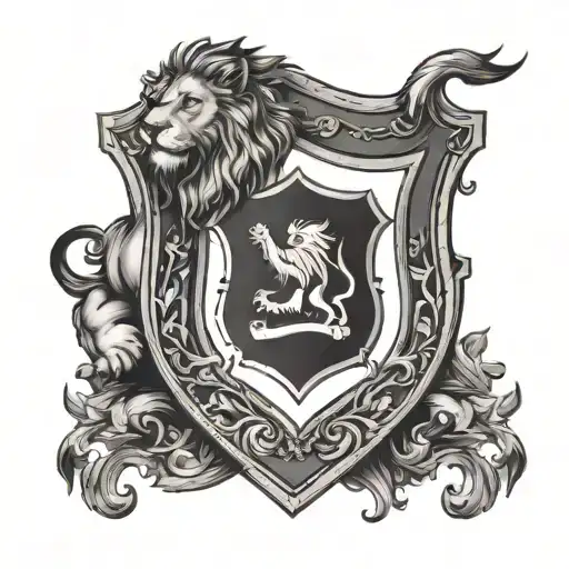 A shield with a lion crest surrounded by the CEO's favorite principles tattoo design idea