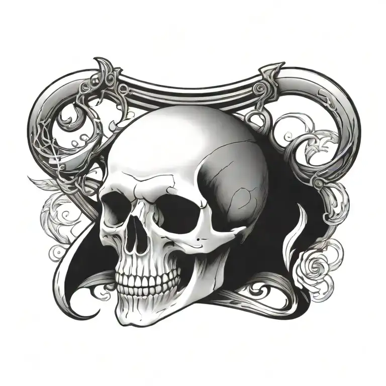 skull with crossed scythes and memento mori written tattoo design idea