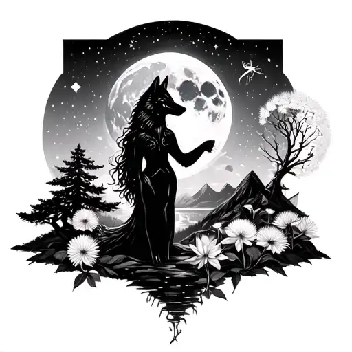 wolf girl standingsanthemum dandelion lotus sakura tree pine tree mountain waterfall scorpion scorpio constellation moon tattoo design idea