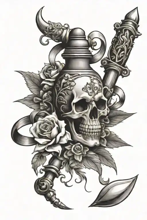 poison bottle with dagger and flowers   tattoo design idea