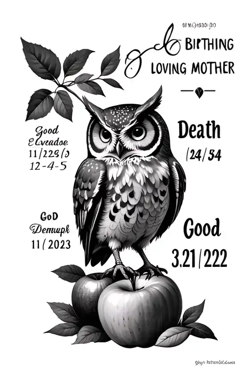 an owl standing in with items like an apple and God loving mother, with the birthdate 11/24/54 and death date 3/21/2023 tattoo design idea