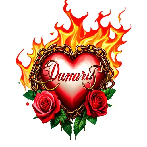 Word Damaris, Roses, Realistic Heart, Chain arround the heart, fire around the heart, flowers tattoo design idea