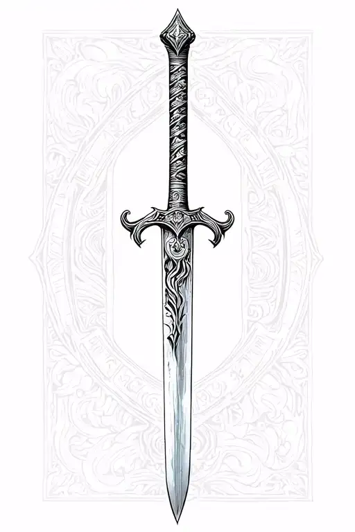 long very slim Damascus engraved sword blade black and white vertical tattoo design idea