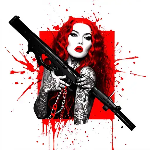 Portrait of latina woman with red hair and big lips With Chain Around her neck holding asault rifle in her hands tattoo design idea