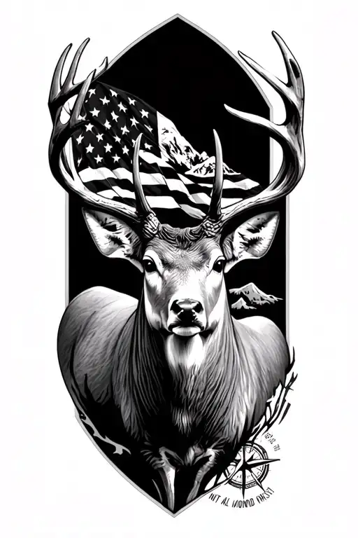 non typical mule deer buck, tattered u.s flag, mountains, not all who wonder are lost compass  tattoo design idea