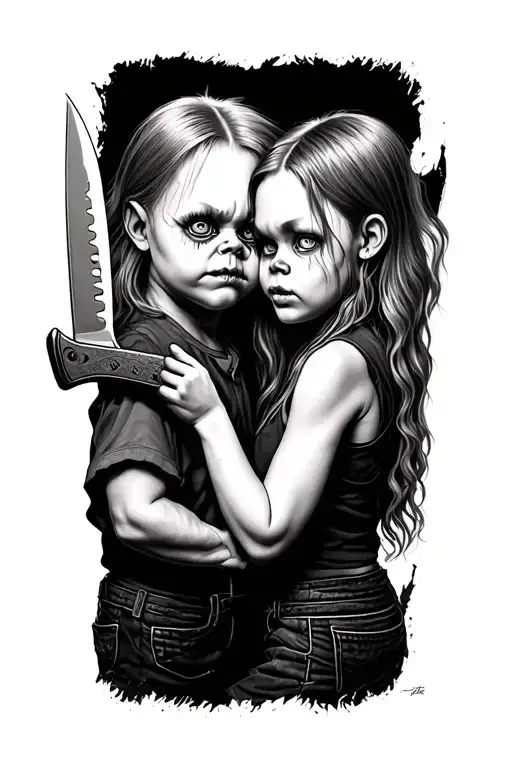 Chucky holding knife with tiffany in reflection shows that there's tattoo design idea