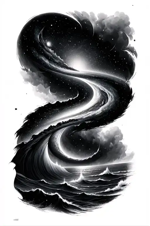 Space to sea full sleeve, spiral galaxy above moody ocean, black and grey realism with smooth blending. tattoo design idea