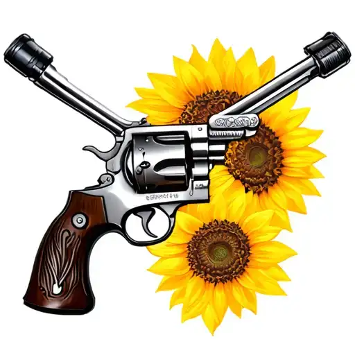 crossed peacemaker revolvers with sunflower  tattoo design idea
