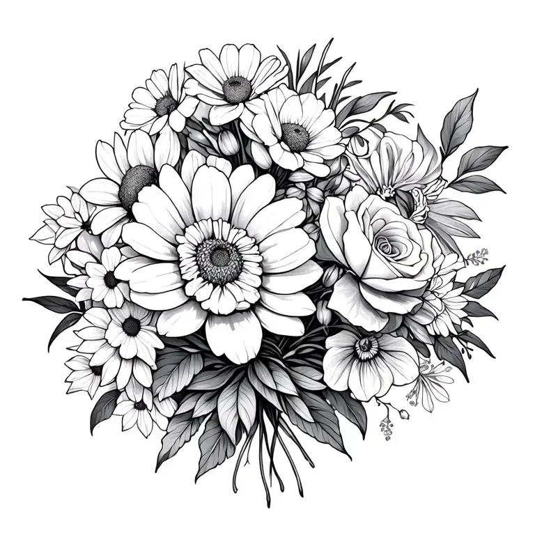 Chrysanthemum, Narcisus, Cosmos, Moning glory, Rose, Honey suckle, and Iris black and white fine line flower bouquet no  tattoo design idea