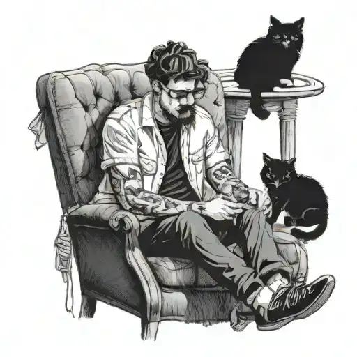 Male, sitting on a chair, sharing it with a black and white persian cat called Milly. Joined by an all black house cat c tattoo design idea