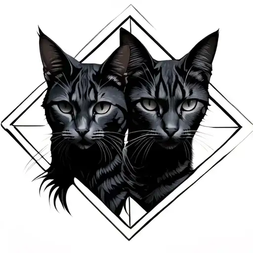 Three cat heads. Two dark, one light. Around a geometric pattern. Not too fancy, more simple. tattoo design idea
