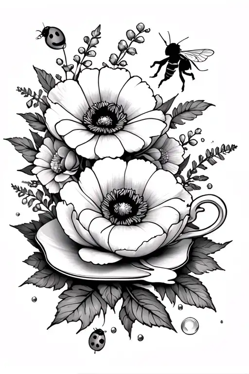 floral with a peony a poppy and a heather with hidden bubble bee, ladybug and a Disney hitch hiking ghost, a tea cup tattoo design idea