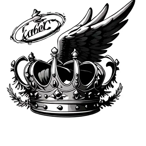 a crown in the center with angel wings outside of it with a Halo above the crown tattoo design idea