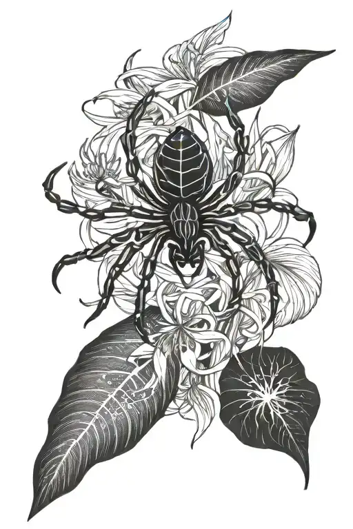 a black spider descends on a web from the stem of a horizontally lying spider lily tattoo design idea