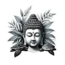 Buddha head with sugar rods, tea plants and a sea turtle tattoo design idea