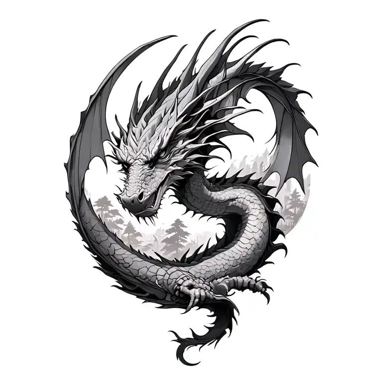 dragon and nature scene tattoo design idea