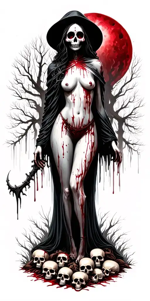 topless female grim reaper full body with a sugar skull painted face standing on a pile of bloody skulls in the woods tattoo design idea