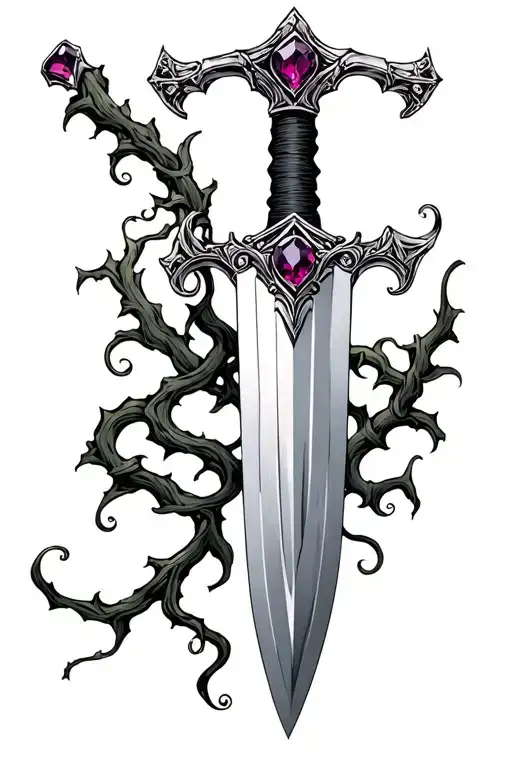 A broadsword pointed downward wrapped in vines. The hilt is inlaid with amethyst and garnet. tattoo design idea