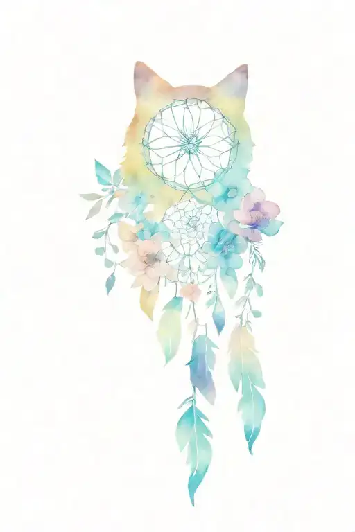 fine line many flowers and dreamcatcher abstract cat outline tattoo design idea