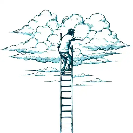 A sketch tattoo of a person climbing a ladder of clouds, representing ambition and the journey towards improvement tattoo design idea