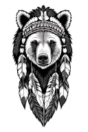 female native american brown bear head with cherokee  and sioux tribe feathers and its shaded grey and black tattoo design idea