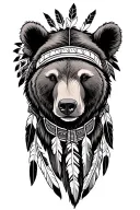 female native american brown bear head with cherokee  and sioux tribe feathers and its shaded grey and black tattoo design idea
